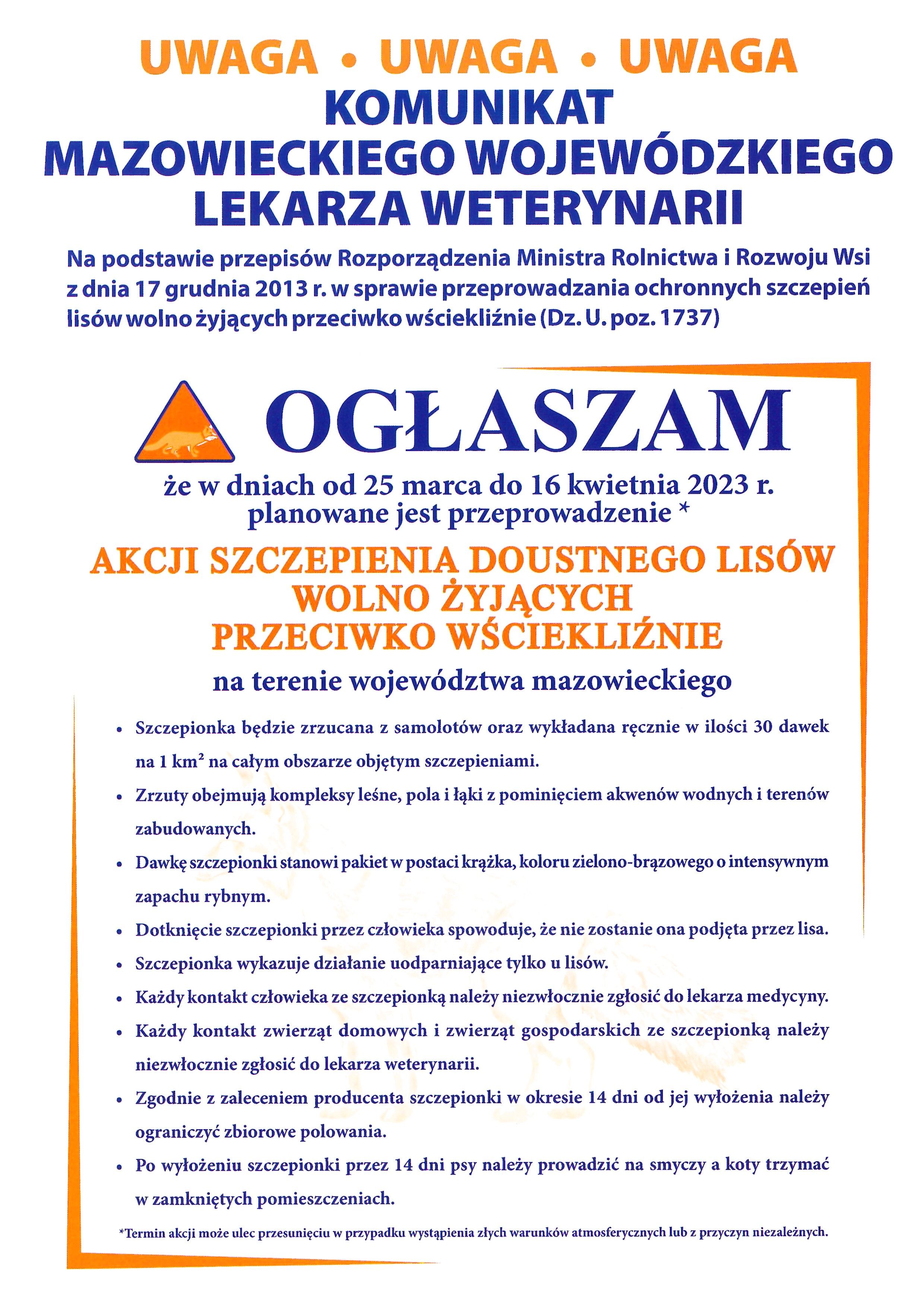 Informacja dot. szczepienia lisów wolno żyjących doustną szczepionką przeciwko wściekliźnie